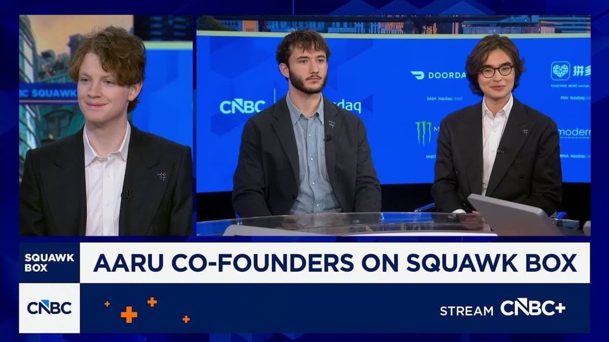 Cameron Fink, Ned Koh, and John Kessler, the three teenage co-founders of Aaru, appearing on CNBC's Squawk Box.