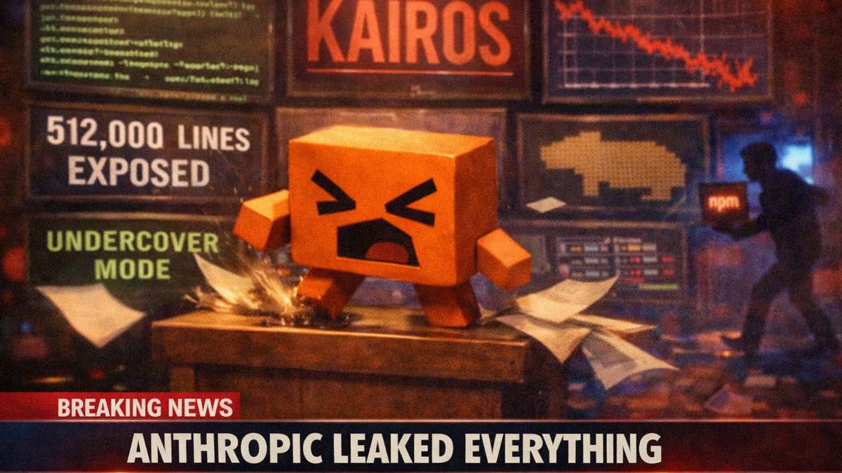 3D illustration of the Claude Code mascot as an angry news anchor slamming a podium, with screens showing KAIROS, 512000 LINES EXPOSED, and crashing stock charts behind it