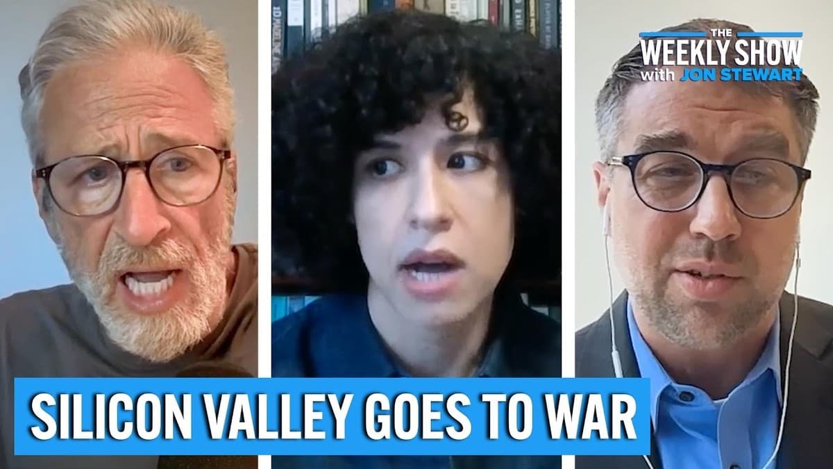 Jon Stewart discussing military AI with Dr. Sarah Shoker and Paul Scharre on The Weekly Show