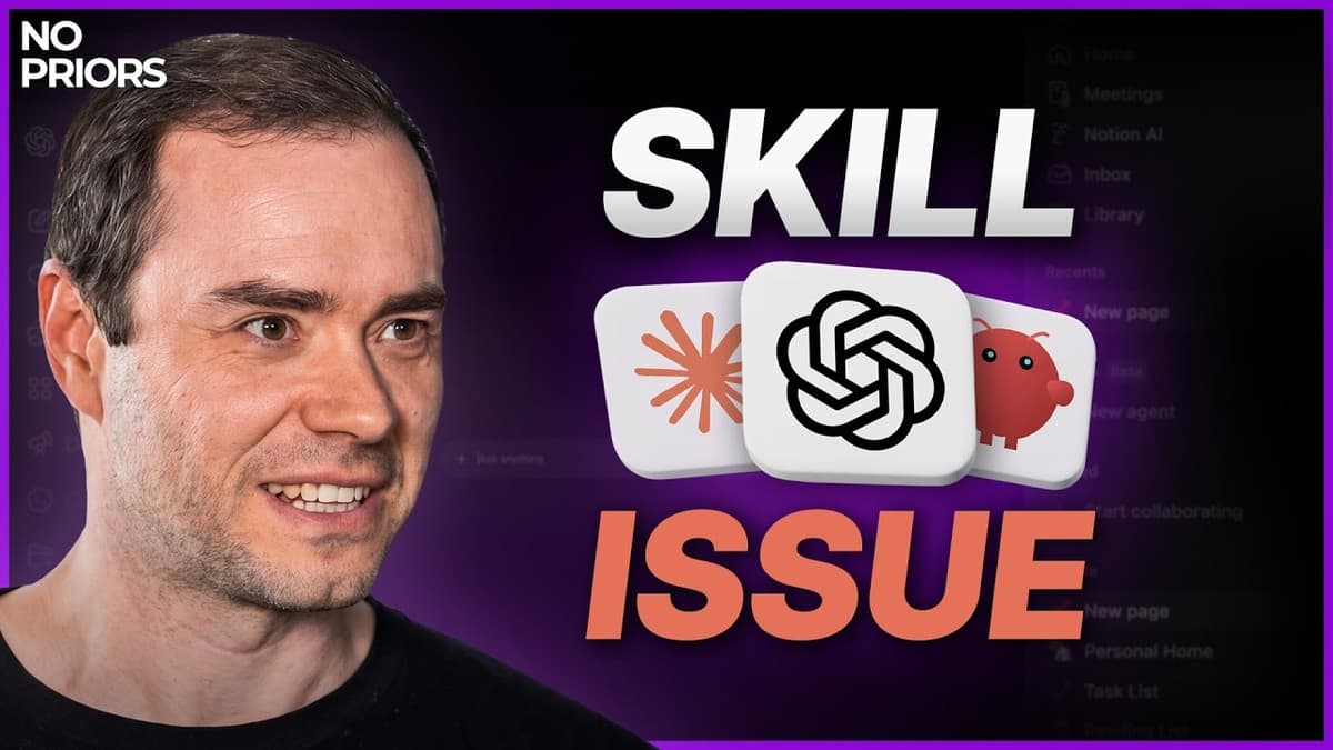 Andrej Karpathy with 'SKILL ISSUE' text overlay and AI tool logos including Claude, OpenAI, and Codex