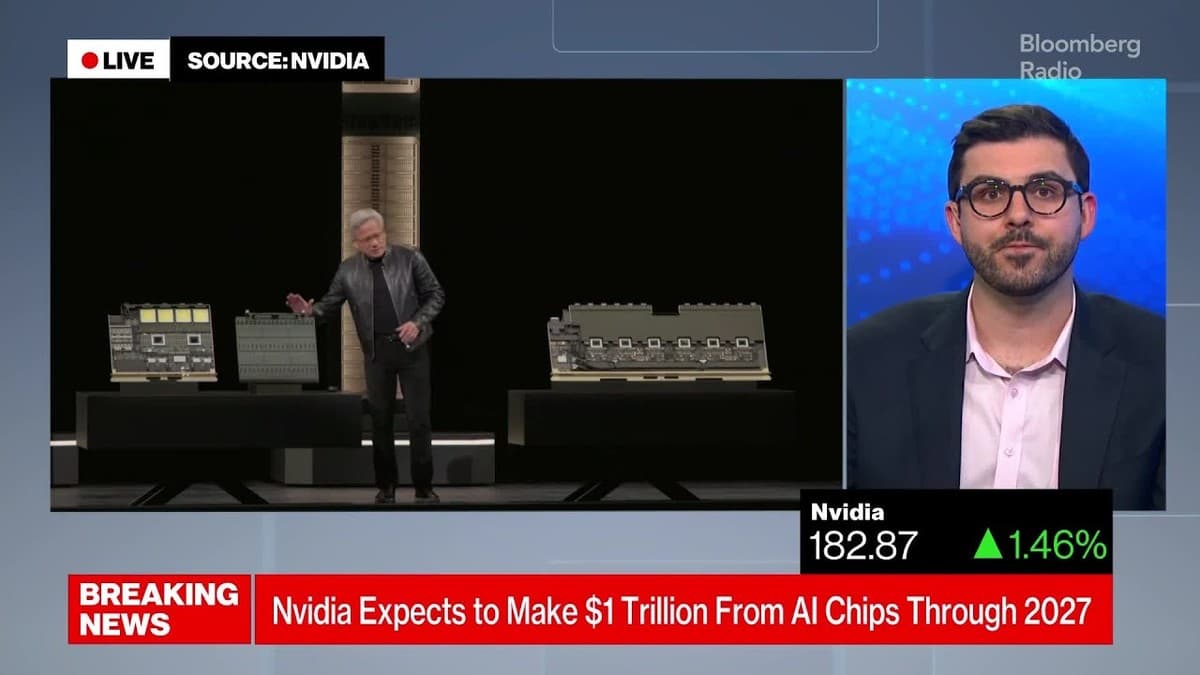 Bloomberg Businessweek Daily podcast segment discussing Nvidia's $1 trillion chip revenue forecast at GTC 2026