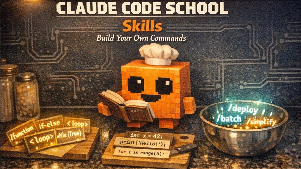 Oransje blokkrobot som holder en oppskriftsbok med lysende skill-kort som svever rundt den