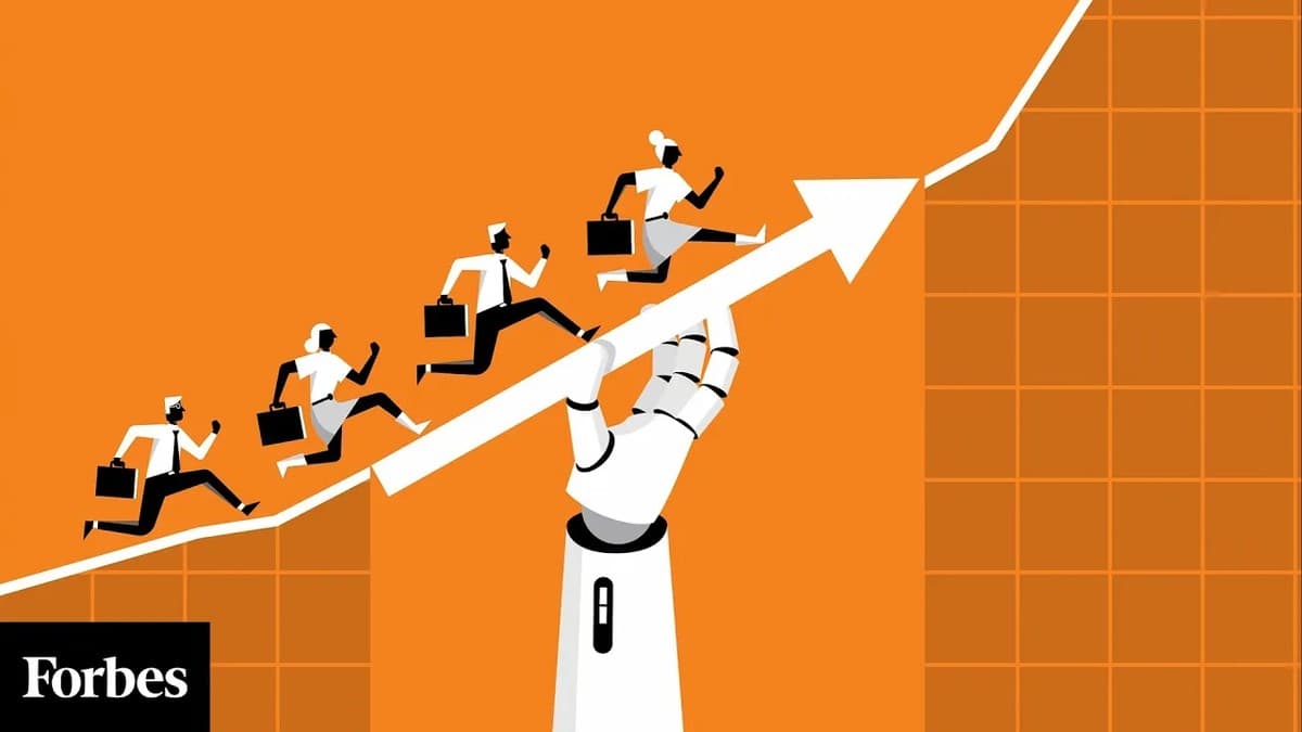 Robot hand lifting a growth arrow with business people running up it — AI empowering small business growth