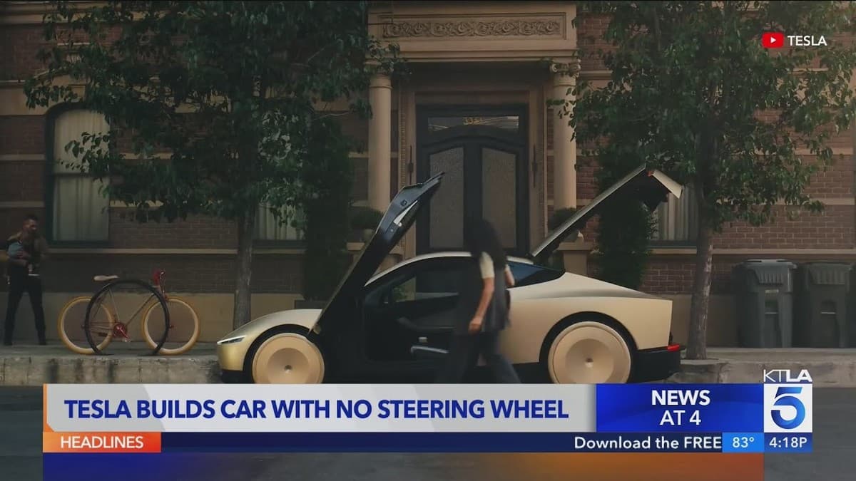 KTLA 5 news segment about the Tesla Cybercab, a car with no steering wheel or pedals