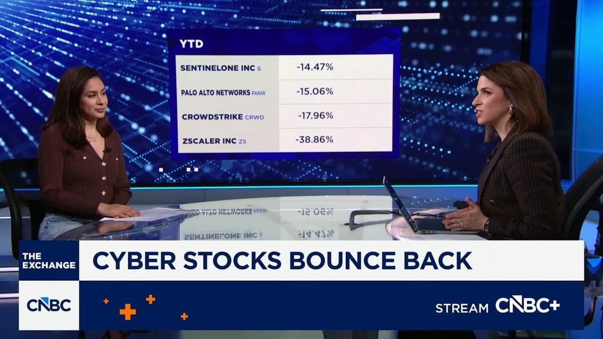 CNBC segment showing cybersecurity stock declines: SentinelOne -14.47%, Palo Alto Networks -15.06%, CrowdStrike -17.96%, Zscaler -38.86% year-to-date