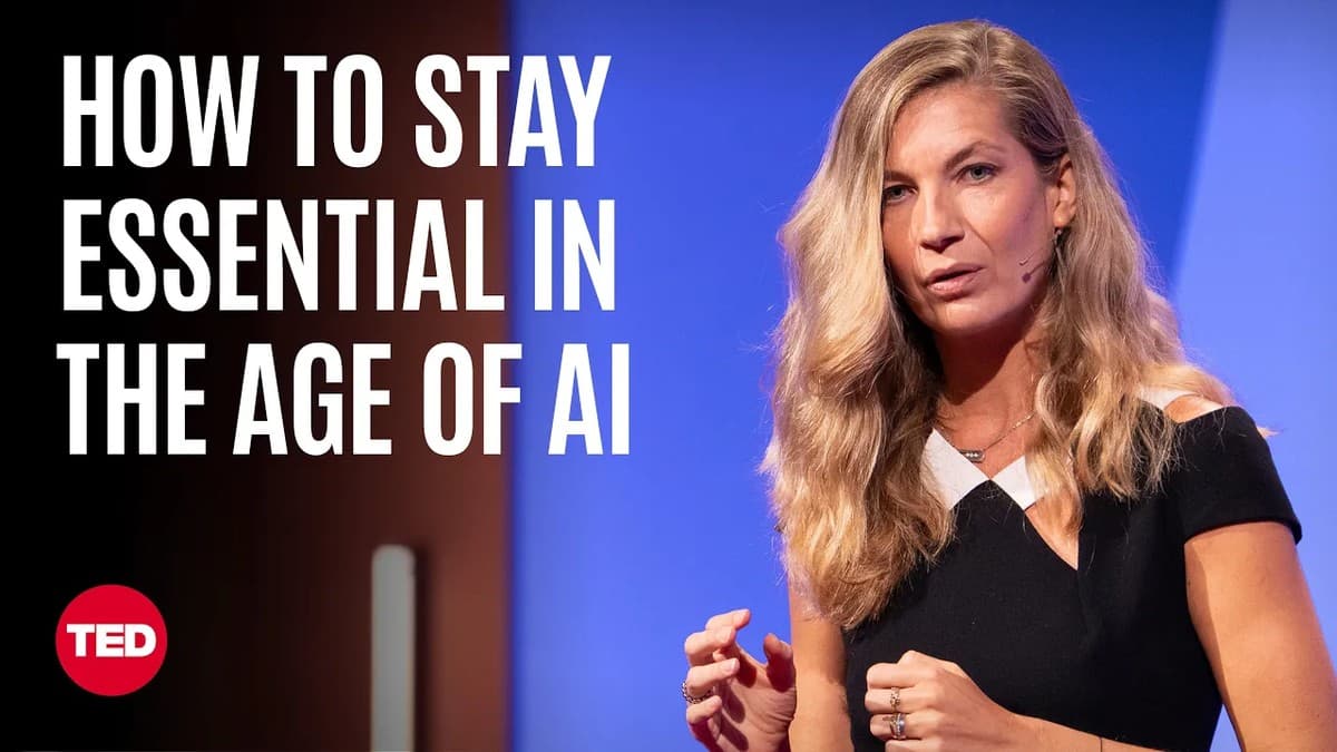 Vinciane Beauchene on the TED stage with the text 'How to Stay Essential in the Age of AI'