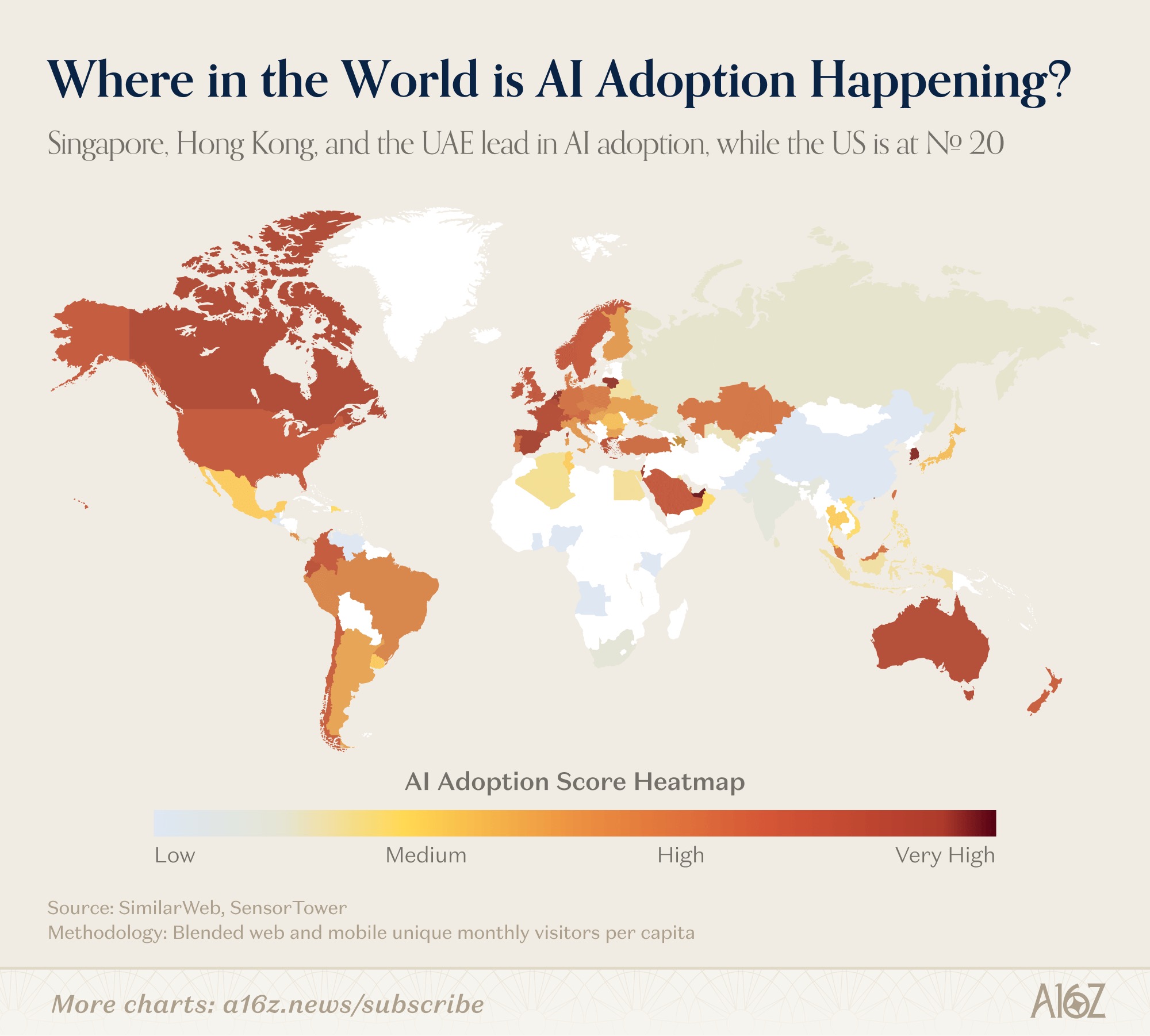 World map showing per capita AI adoption by country, 6th edition, March 2026