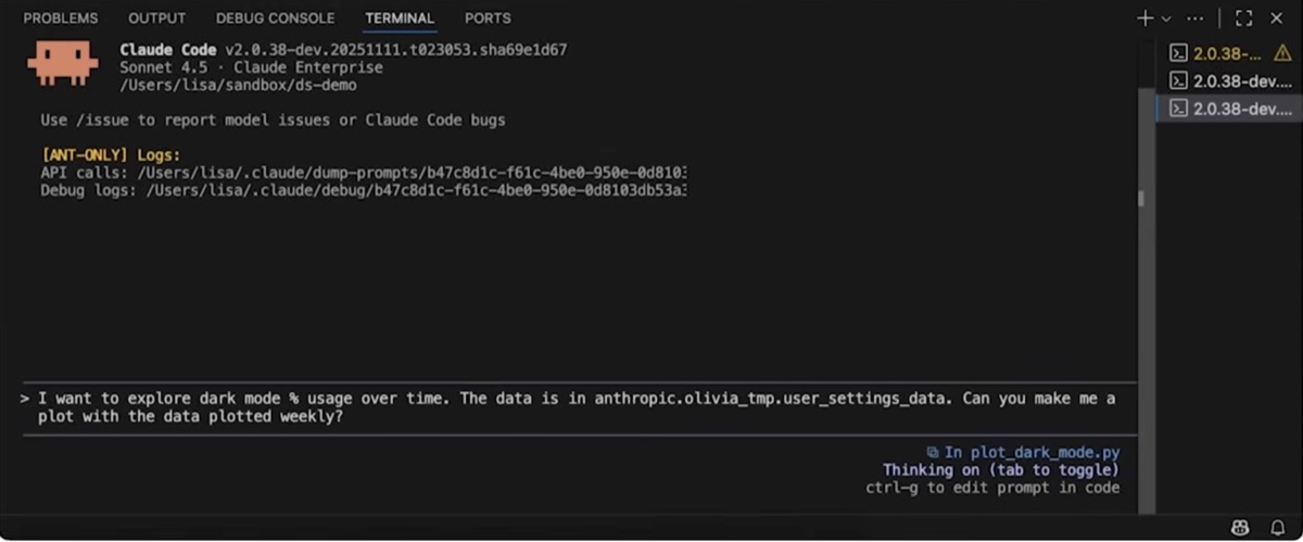 Claude Code-terminal som viser Lisas spørring om dark mode-bruk