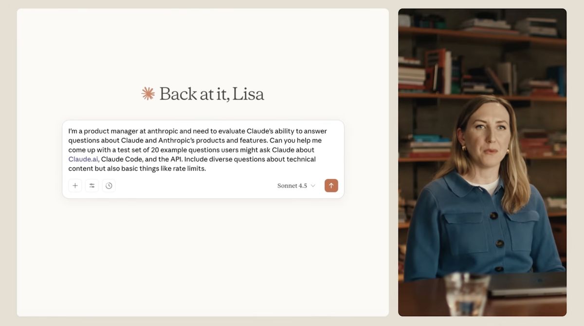 Claude.ai-grensesnitt der Lisa ber Claude generere 20 testspørsmål om Claude-produkter