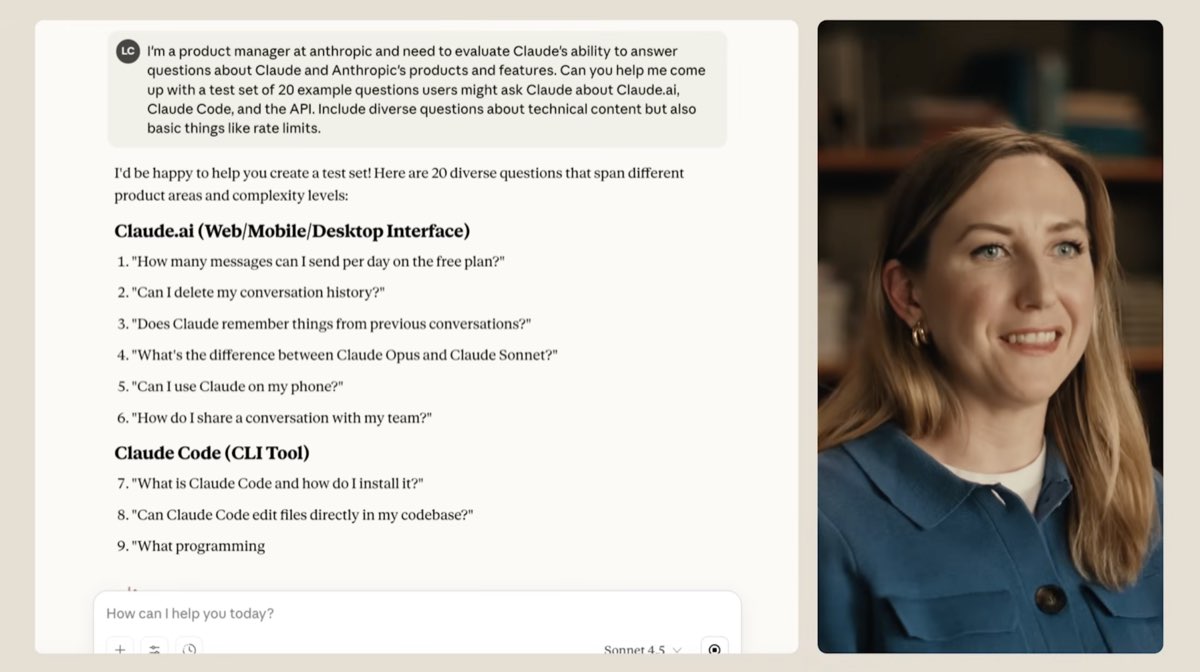 Claudes svar med 20 kategoriserte testspørsmål delt inn i seksjoner for Claude.ai og Claude Code