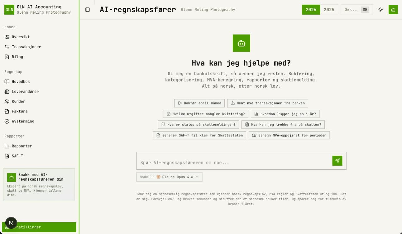 AI accountant interface in GLN AI Accounting asking What can I help you with, with suggested prompts like Post April month, Generate SAF-T file, and Calculate VAT settlement for the period, powered by Claude Opus 4.6