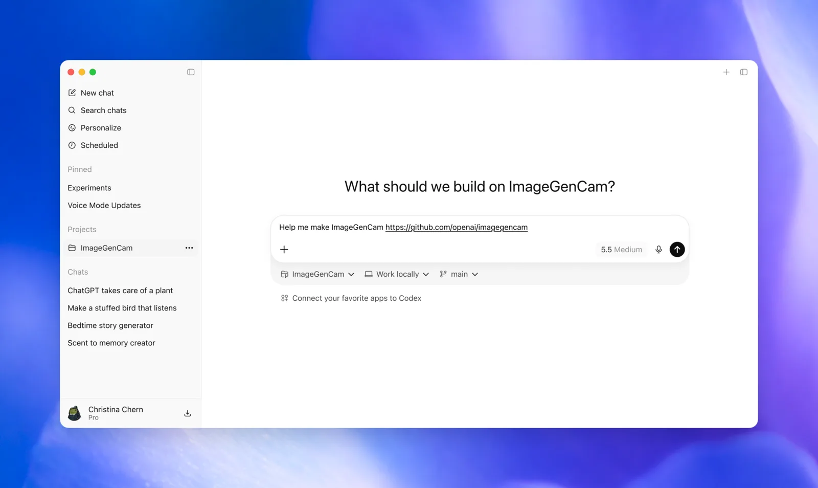 Codex Desktop på en Mac, med prompten "Help me make ImageGenCam" klar til å sende