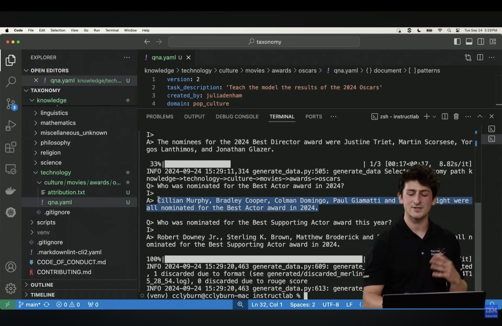 InstructLab genererer syntetiske treningsdata med spørsmål om Oscar-nominasjoner og en filtreringsprosess