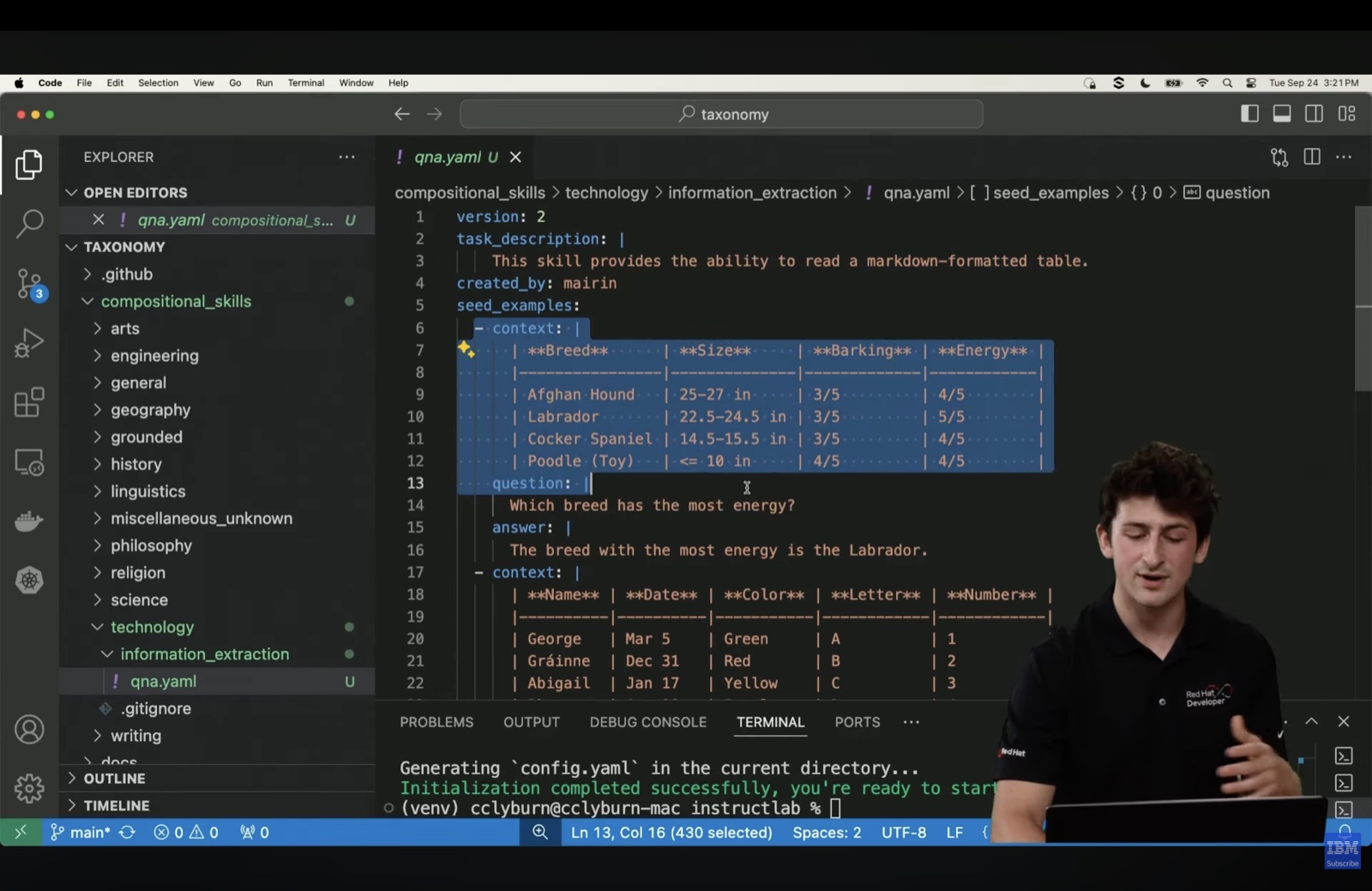 InstructLab sin taksonomi-struktur med ferdigheter organisert i YAML-format med spørsmål-svar-par for å lære modellen å lese markdown-tabeller