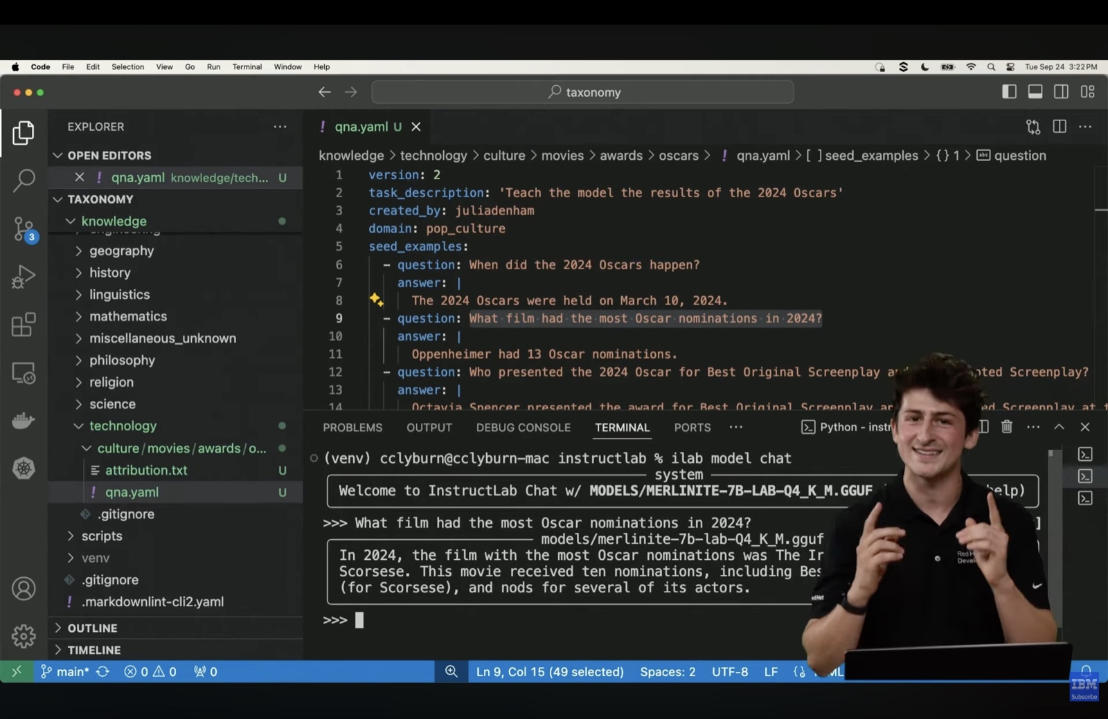 Merlinite-7B-modellen svarer feil med The Irishman når den spørres om hvilken film som hadde flest Oscar-nominasjoner i 2024