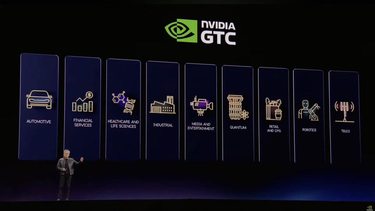 Jensen Huang on stage showing GTC 2026 industry verticals: automotive, financial services, healthcare, industrial, media, quantum, retail, robotics, and telco