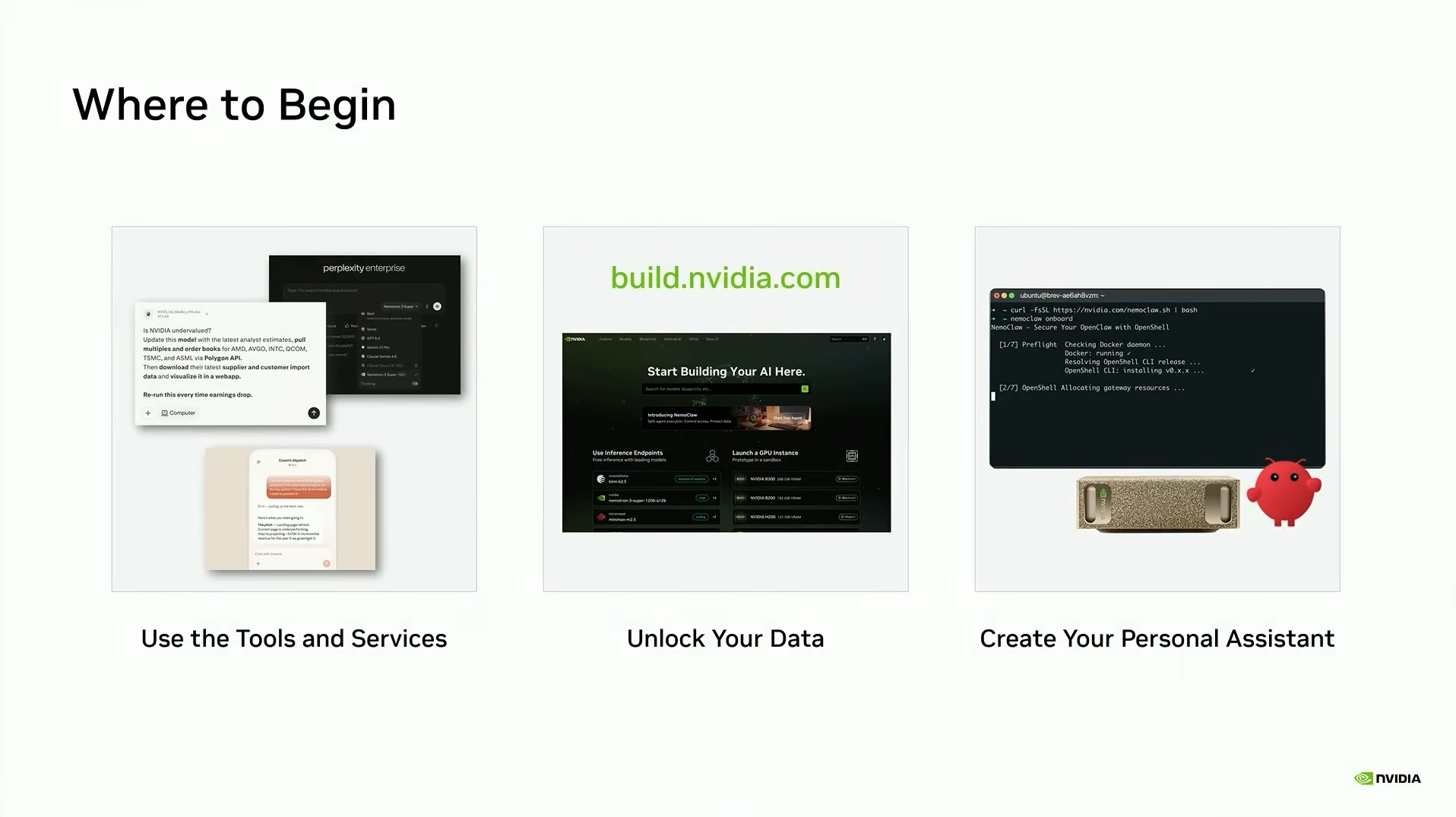 Slide titled Where to Begin with three panels: use tools and services, unlock your data, and create your personal assistant