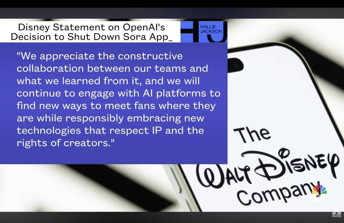 Disneys offisielle uttalelse om at de respekterer OpenAIs beslutning om å legge ned Sora