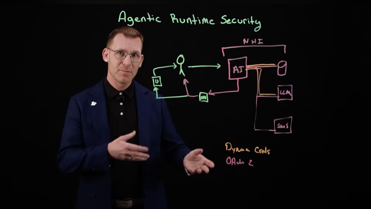 Tyler Lynch's whiteboard diagram showing the full agentic runtime security architecture: a user with an IDP and OAuth 2.0 CIBA connects to an AI agent, which connects to a database, LLM, and SaaS under non-human identity (NHI)