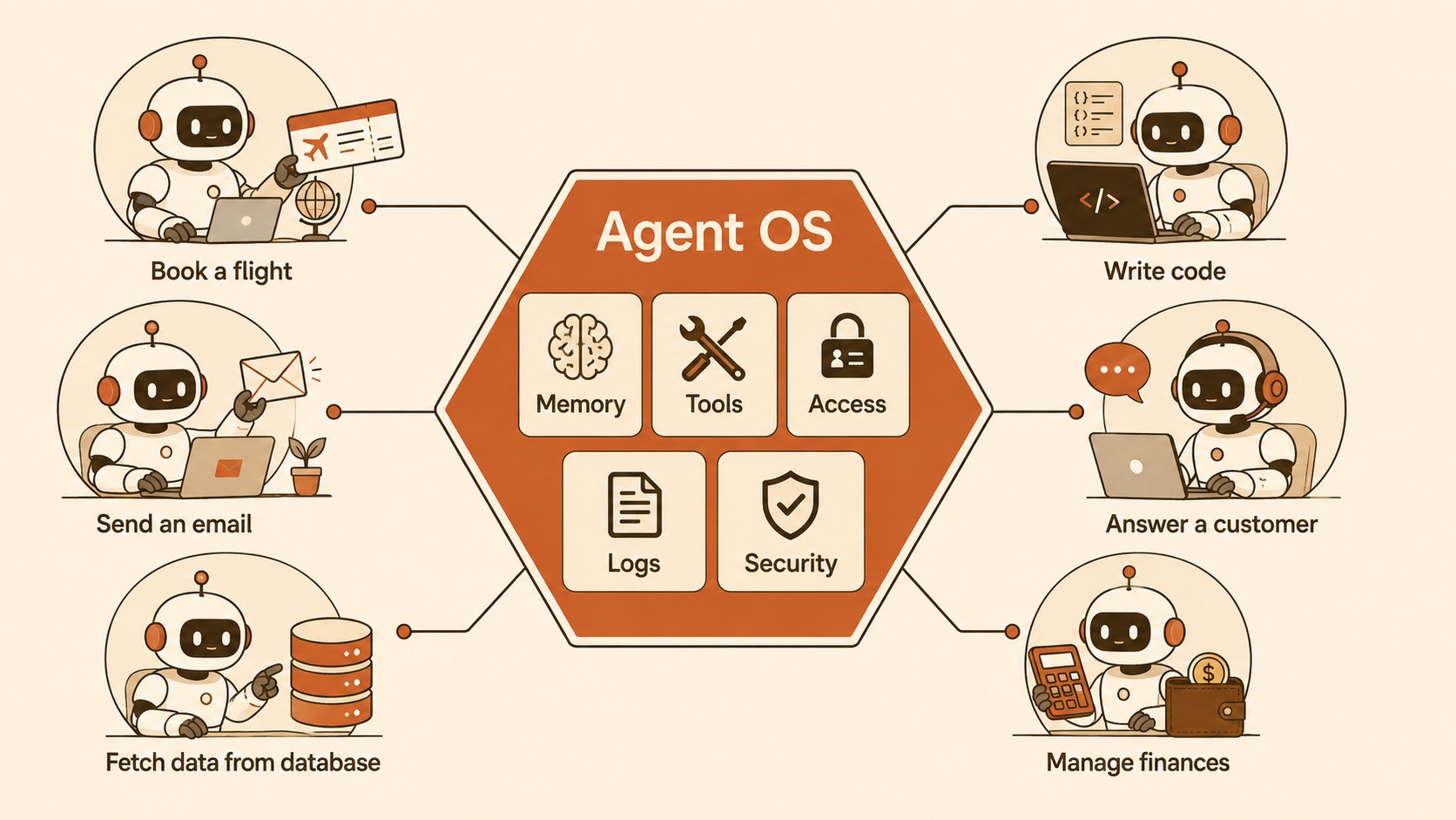 Central Agent OS control hub coordinating multiple AI agents performing different tasks