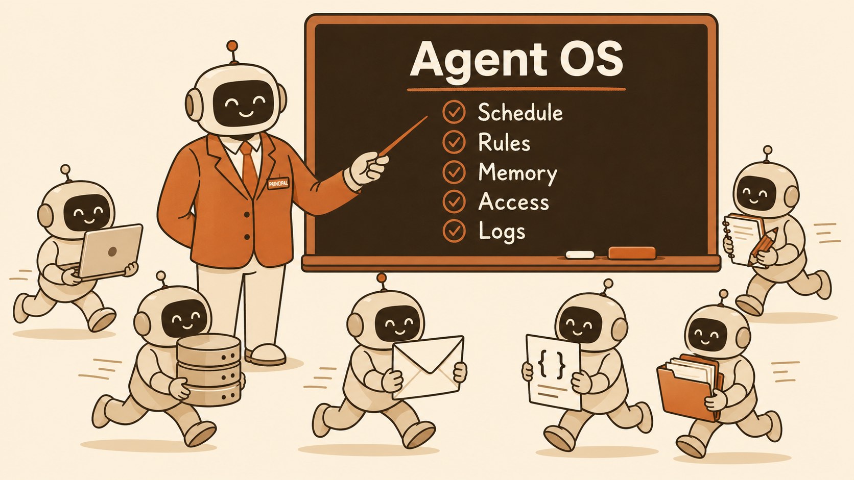 Calm principal figure at a chalkboard labeled Agent OS, surrounded by small robot students in motion
