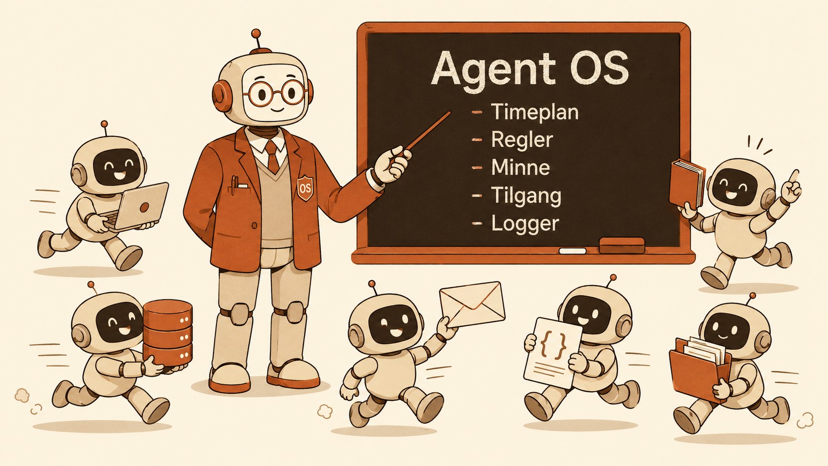 Rolig rektor-figur ved en tavle merket Agent OS, omgitt av små robot-elever i bevegelse