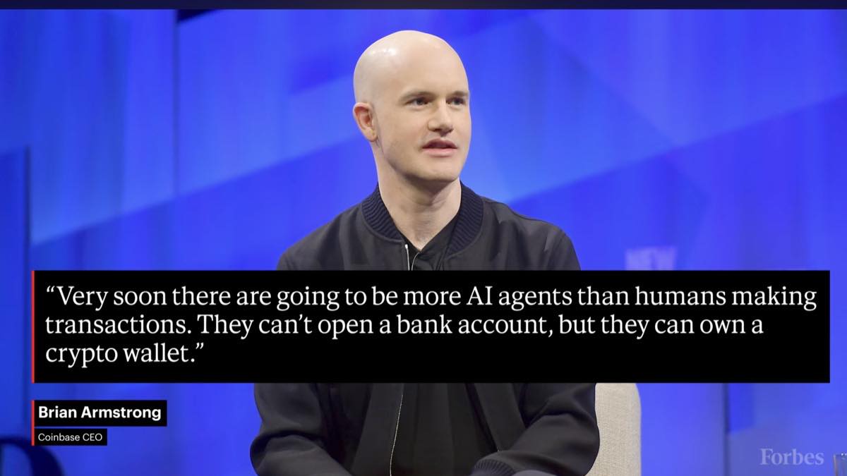 Brian Armstrong, Coinbase-sjef, forklarer at AI-agenter kan eie kryptolommebøker men ikke kan åpne bankkontoer